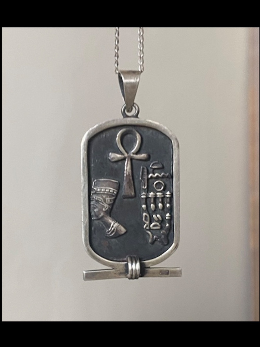 Vintage Egyptian Cartouche 925 Silver Pendant Necklace Ankh Nefertiti